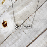 University of Kansas Officially Licensed Laser Jayhawks Script Necklace